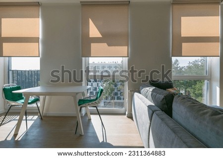 Roller shades automatic on full height windows in the interior. Armchairs with green pillows in the kitchen near windows with motorized roller blinds. Sunny day. Selective fokus. Sunscreen curtains.