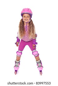 Roller skating little girl with protective gear, laughing - isolated