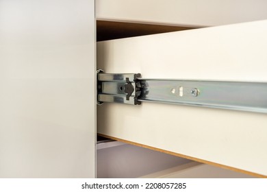 Roller Stainless Guide Or Rail For Drawers With A Closer. Close-up On A White Background.