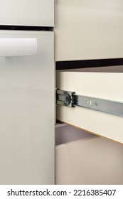 Roller Stainless Guide Or Rail For Drawers With A Closer. Close-up On A White Background.