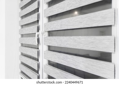 Roller window blinds and curtains, roll jalousie. Plastic or aluminum shutter, closed and open louvers front view. Home facade venetian blinds roll jalousie - Shutterstock ID 2240449671