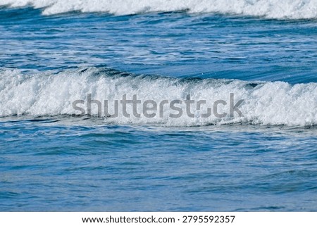 Rolling blue waves crest into white foam as they push toward a sandy shoreline backed by low, green‑topped dunes. The scene captures the energy and texture of moving water against a calm, natural coastal backdrop.
