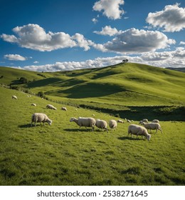 Rolling green hills with grazing sheep, under a bright blue sky with fluffy white clouds, capturing the beauty of pastoral life. - Powered by Shutterstock