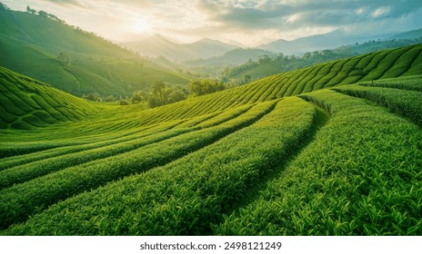 Rolling Green Hills with Sunlit Terraced Fields - Panoramic Agricultural Landscape - Powered by Shutterstock