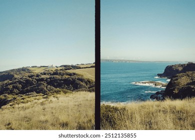 rolling hills green hills with waves crashing on cliff - Powered by Shutterstock