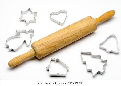 Rolling Pin With Cookie Cutters On A White Background, Isolated