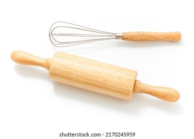 Rolling pin and egg beater isolated on white background. Equipment for bakery shop. Kitchenwear. Cooking. Classic wood rolling pin and egg beater. Wooden material. Product design. Scandinavian style. - Powered by Shutterstock