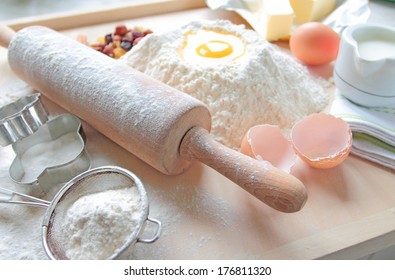 Rolling-pin With Ingredient To Make A Cake