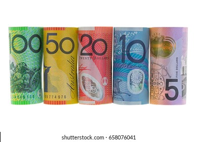 Rolls Of Australia Banknote. Different Australian 5, 10, 20, 50, 100 Dollars Money Isolated On White Background
