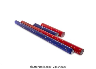 Rolls Of Blue And Red Wrapping Paper Isolated On White Background