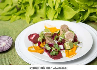 Rolls With Duck Pate With Beetroot Sauce