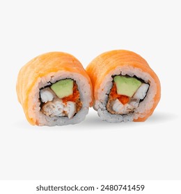 Rolls with fish, avocado, cream cheese and tobiko caviar on a white background. Sushi menu. - Powered by Shutterstock