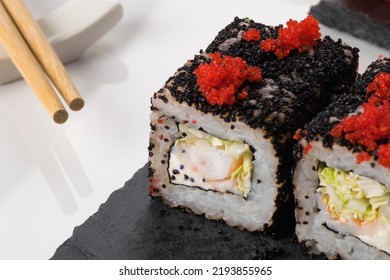 Rolls With Flying Fish Caviar Close-up, Top View