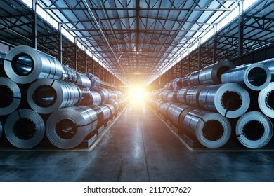 Rolls of galvanized steel sheet inside the factory or warehouse. - Shutterstock ID 2117007629