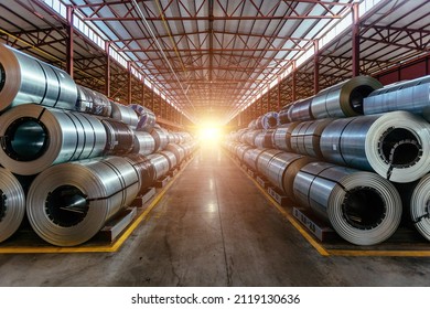 Rolls of galvanized steel sheet inside the factory or warehouse. - Shutterstock ID 2119130636