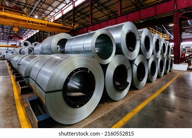 Rolls Of Galvanized Steel Sheet Inside The Factory Or Warehouse.