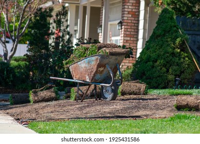 Rolls of grass lawn loaded to an old construction cart. Small unrolled sods lie on bare soil prepared for residential landscaping renovation project. - Shutterstock ID 1925431586
