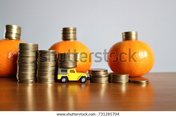 Rolls ladder of gold coins with\
miniatures car help carry one step and fresh oranges with money\
increasing level step on wood table in white grey background\
