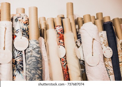 Rolls Of Natural High Fashion Fabrics And Textiles. Sewing Industry Concept