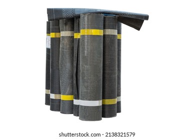 Rolls of new black roofing felt or bitumen. Group of rolls of bituminous waterproofing membrane isolated on white background. House renovation material   - Shutterstock ID 2138321579