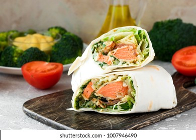 Rolls With Salmon And Greens In Pita Bread