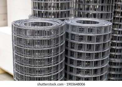 Rolls of steel wire mesh. Material for reinforce concrete in building