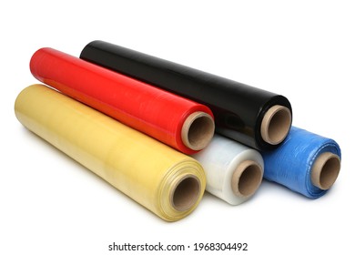 Rolls Of Wrapping Plastic Stretch Film On White Background
