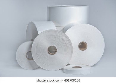 Rolls of wrapping plastic stretch film on white background