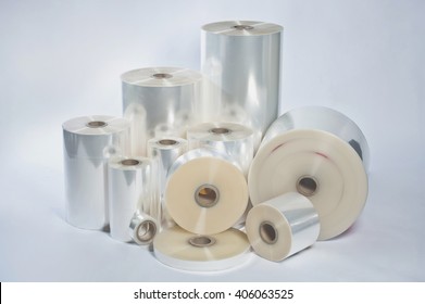 Rolls of wrapping plastic stretch film on white background