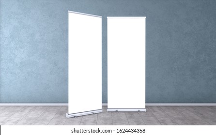 Rollup Banners Stand. Blank Template Mockups. Exhibition Stand Roll-up Banners, Isolated Screen For You Design. Vertical Empty White Roll Up For Print.