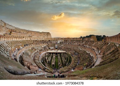 Roma, Italy - 05.10.2017: The Colosseum  - Colosseo - where the gladiators fought, one of the most famous monuments and buildings and sights of ancient Rome. Interior of the Colosseum at sunset