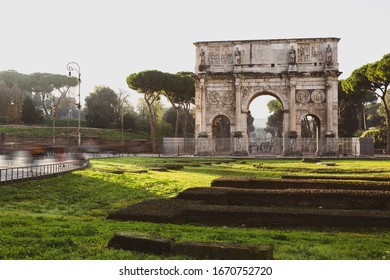 Roma, Italy, 27/11/2019: Arc Di Trajan In Rome With Tourists Visiting During The Day, Travel Reportage