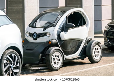 Roma, Italy, October 21, 2017: Small Black And White Single Car Parked In The City