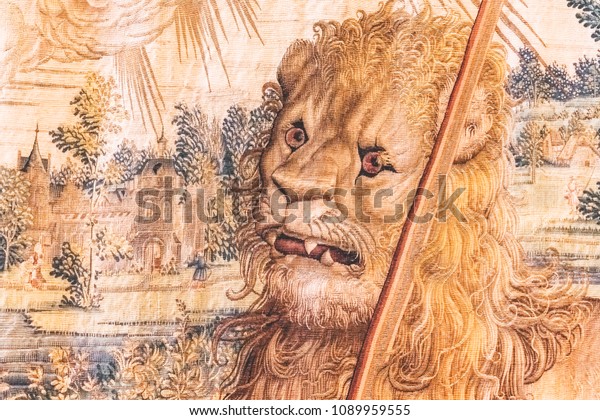 Roma, Italy, October 21, 2017: Fragment of a fresco with a lion.