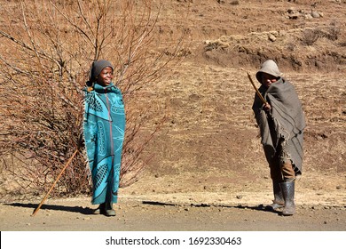 Roma, Kingdom of Lesotho, Africa – 26th of July 2019: shepherds from Basotho people, traditionally dressed with tribal blankets.
