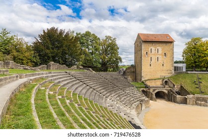 Romain Amphitheater And Beautiful Blues Summer Sky. Village Of Avenches, Canton Vaud, Switzerland