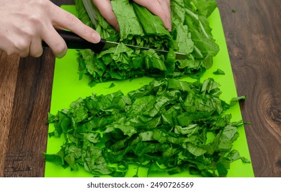 Romaine lettuce cut with a knife on a cutting board close-up - Powered by Shutterstock