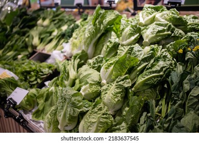 Romaine Lettuce On Shelves In Grocery Store