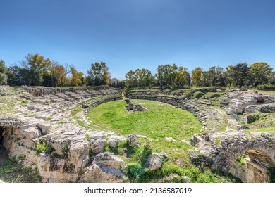 Roman amphitheater of Syracuse Sicily, inside the Neapolis archaeological park - Shutterstock ID 2136587019