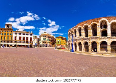 Roman amphitheatre Arena di Verona and Piazza Bra square panoramic view, landmark in Veneto region of Italy