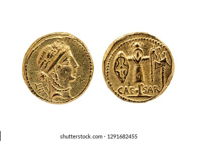 Roman Aureus Gold Coin replica of Julius Caesar with a probable portrait of the goddess Venus and a Trophy of Gallic Arms on the reverse struck between 48-47 BC cut out isolated on a white background
