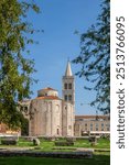 Roman Catholic Church of Saint Donatus from the Byzantine period in the historic center of an old town on the Mediterranean. Old round church made of white stone, Donatus of Zadar, Dalmatia, Croatia