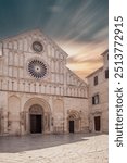 Roman Catholic Church of Saint Donatus from the Byzantine period in the historic center of an old town on the Mediterranean. Old round church made of white stone, Donatus of Zadar, Dalmatia, Croatia