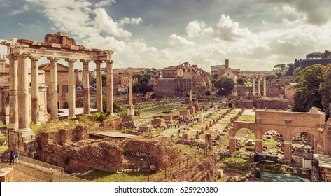 Roman Empire ruins, Rome, Italy. Scenery of Roman Forum or Foro Romano, panorama of Ancient ruins in Roma city center. Vintage style photo, remains of past civilization view, Temple of Saturn in left - Shutterstock ID 625920380
