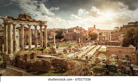 Roman Empire Ruins, Rome, Italy. Panorama Of Ancient Forum (Foro Romano), Vintage Photo Like Painting. Landscape Of Roman Empire Buildings, Cityscape Of Old Roma Town. Theme Of Roman Empire History.