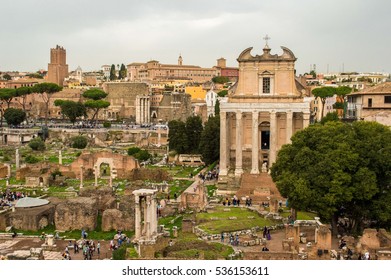 Roman Forum With On The Right The Temple Of Antoninus And Faustina, Adopted To Church Of San Lorenzo In Miranda. Rome, Italy