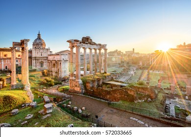 Roman Forum at sunrise in Rome, Italy. Rome landmark and antique architecture. Ancient Forum was the center of social life in Rome