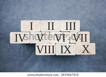 Roman numerals on wooden blocks from I to X, 1 to 10. Roman numerals concept.
