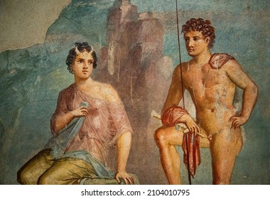 Roman Pompeian Fresco Representing Mythological Figures In Naples, Italy