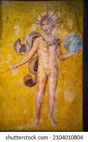 Roman Pompeian Fresco Representing Mythological Figures In Naples, Italy